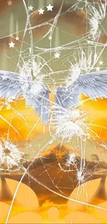 Abstract angel wings with orange background and white stars.