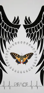 Artistic wallpaper with angel wings and central butterfly symbolizing peace.