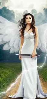 Angel holding sword with wings and lightning in dramatic sky.