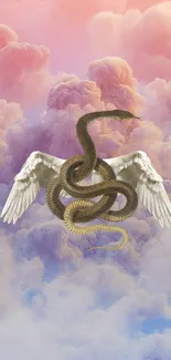 Snake entwined with angel wings amid pastel clouds.