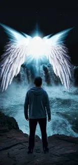 Night scene with glowing angel wings over a waterfall.