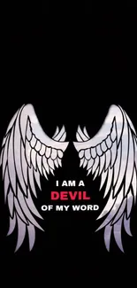 Mobile wallpaper with angel wings and text on a dark background.