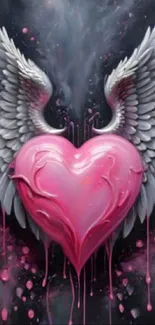 Pink heart with angel wings and drips, artistic mobile wallpaper.