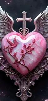 Pink heart with angel wings and cross adorned with roses.