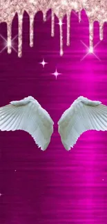 Mobile wallpaper featuring white wings on a pink glittering background.