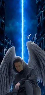 Angel with wings sitting in front of towering speakers and blue lightning sky.