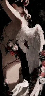 Artwork of an angel with wings surrounded by roses, set on a dark background.