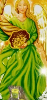 Heavenly angel with golden cornucopia and green robes.