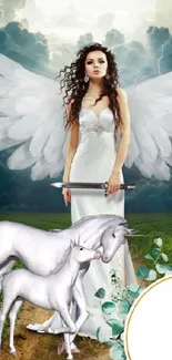 Fantasy wallpaper featuring an angel with wings and a white horse on a grassy field.