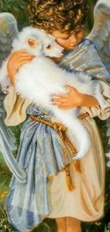 Angel with wings holding a lamb in a serene setting.