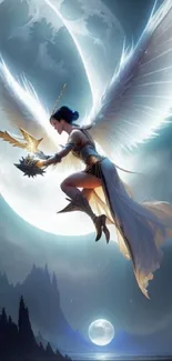 Mystical angel with glowing wings under a moonlit sky, fantasy wallpaper.