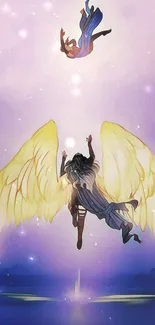 Angel with radiant yellow wings in purple sky wallpaper.