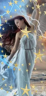 Serene angel with stars in a celestial backdrop.