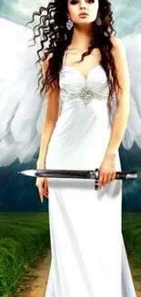 Angel in white dress holding a sword.