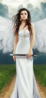 Mystical angel with wings holding a sword.