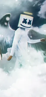 Angel with wings walking in clouds, wearing helmet.