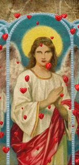 Angel with halo and wings surrounded by red hearts on a blue textured background.