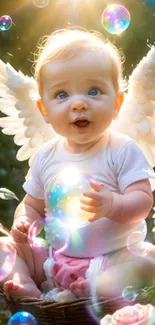 Angelic baby with wings and bubbles in a serene scene.