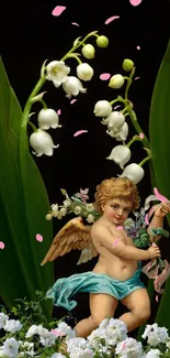 Cherub with flowers and greenery wallpaper design.