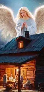 Angel overlooking a cozy cabin at night under a starry sky.