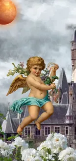 Angel floats over a medieval castle in dreamy wallpaper.