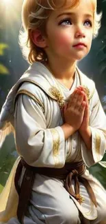 Wallpaper of an angelic child kneeling and praying in sunlight.