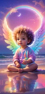 Angelic child with rainbow wings on serene beach at sunset.