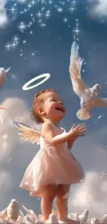 Angelic child playing with doves in a celestial sky.