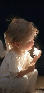 Angelic child holding a glowing star in soft lighting.