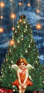 Angelic figure on festive Christmas tree with golden lights.