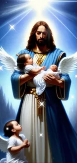 Divine figure with angelic children in celestial blue light.