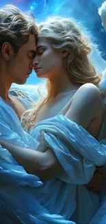 Angelic couple embracing in celestial blue hue.