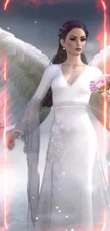 Beautiful angel in white dress with wings amid fiery light.