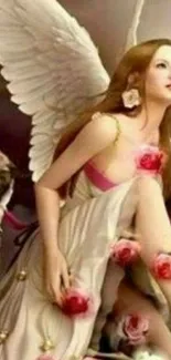 Angelic woman with wings and roses in a soft fantasy setting.