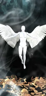 White angel with wings hovering over skeletons on a smoky backdrop.