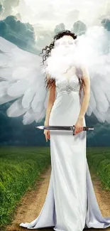 Angel with wings stands in a lush field under a stormy sky.