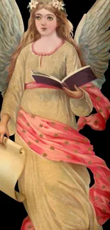 Serene angelic figure with book and vibrant wings.