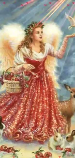 Angelic figure in red dress surrounded by animals and light.