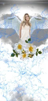 Mobile wallpaper of an angel with wings, flowers, and a serene sky.