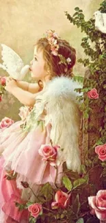 Angelic girl with roses and dove in serene wallpaper.