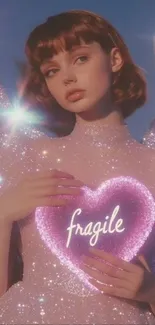 Mobile wallpaper with angelic figure holding a glowing heart.