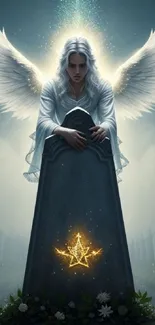 An angel with glowing wings guarding a tombstone with a star symbol.