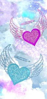 Angelic hearts with glitter over dreamy clouds wallpaper.