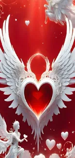 Angelic heart with wings on a red background.