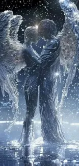 Two icy angelic figures embrace under a starry night.