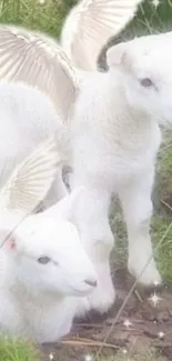 Two angelic lambs with wings in a serene pastoral setting.