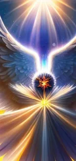 Angelic figure with radiant light and heavenly wings wallpaper.