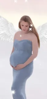 Pregnant woman with angel wings on soft blue background.