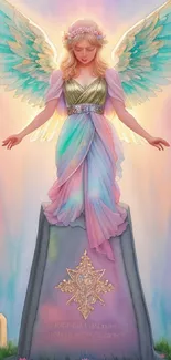 Ethereal angel with pastel wings in a dreamy background.