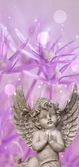 Angel statue with purple floral background, dreamy and serene.